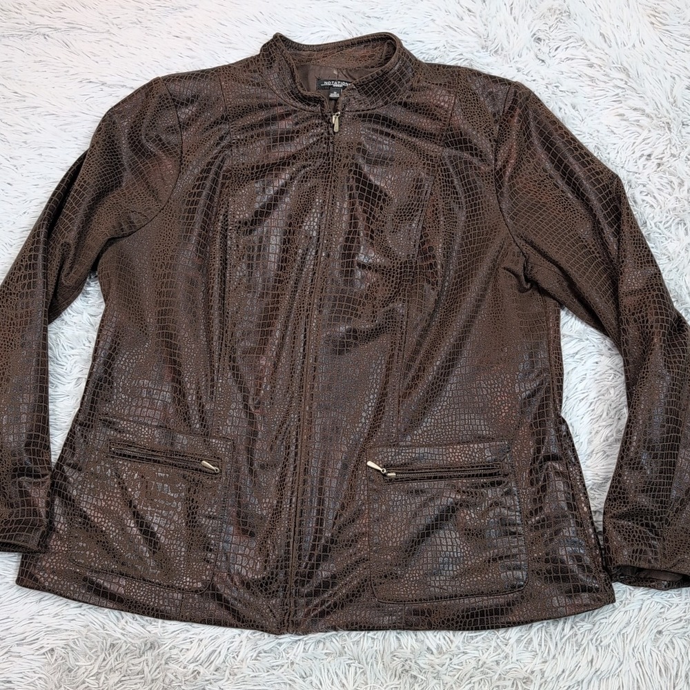 Notations Jacket Womens 1X Brown Snake Print‎ Zip Up Pockets Preppy Casual Comfy